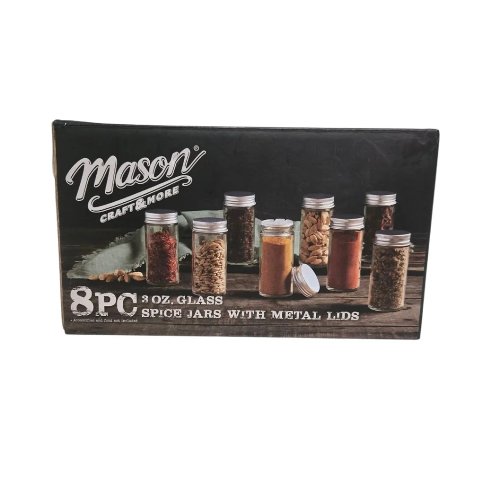 Mason Craft & More 8pc 3oz Glass Spice Jars Metal Lids NWT